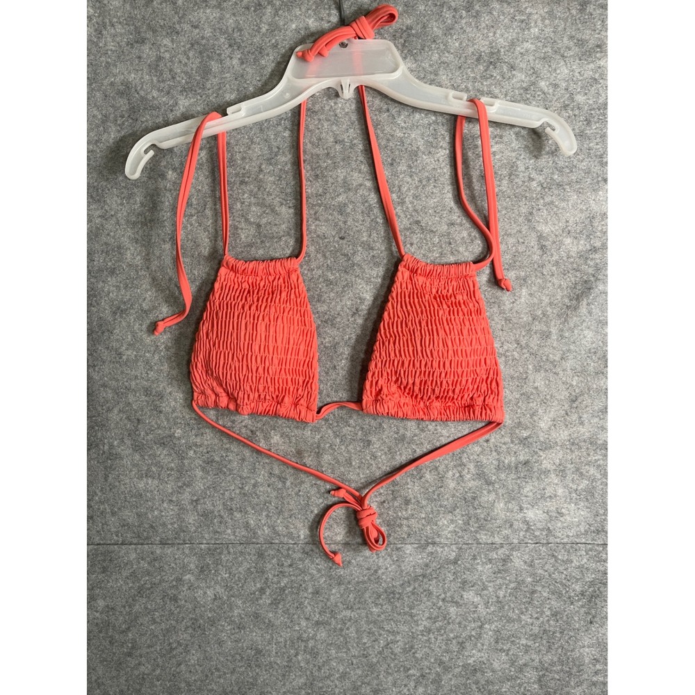 Coral Pink Smocked Triangle Bikini Top Halter Tie Swimwear Medium